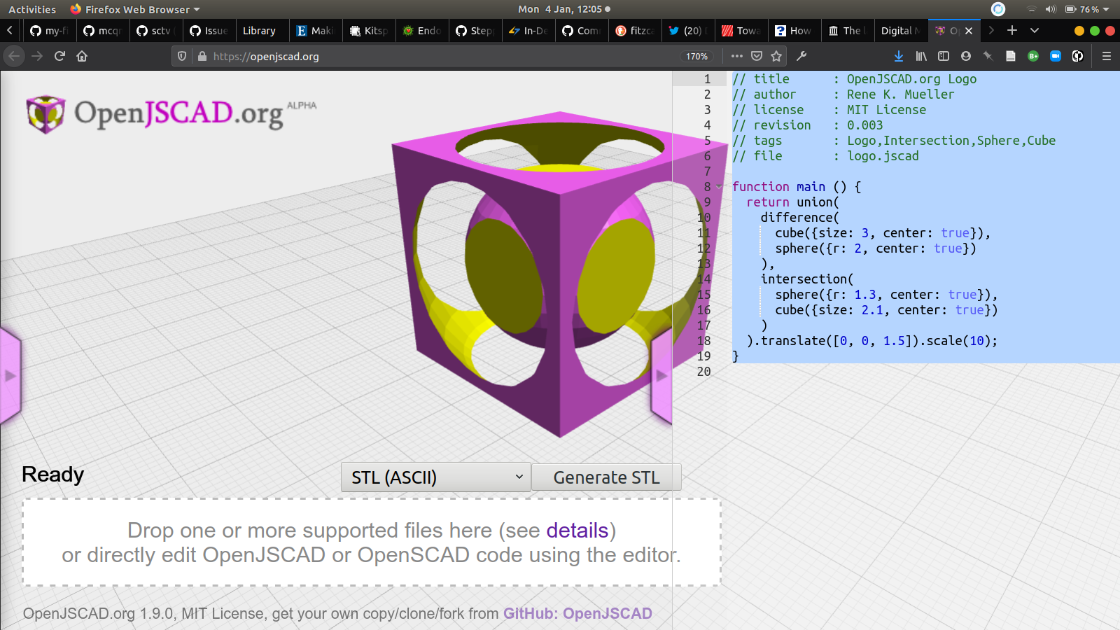 Screengrab of OpenJSCAD when first opened