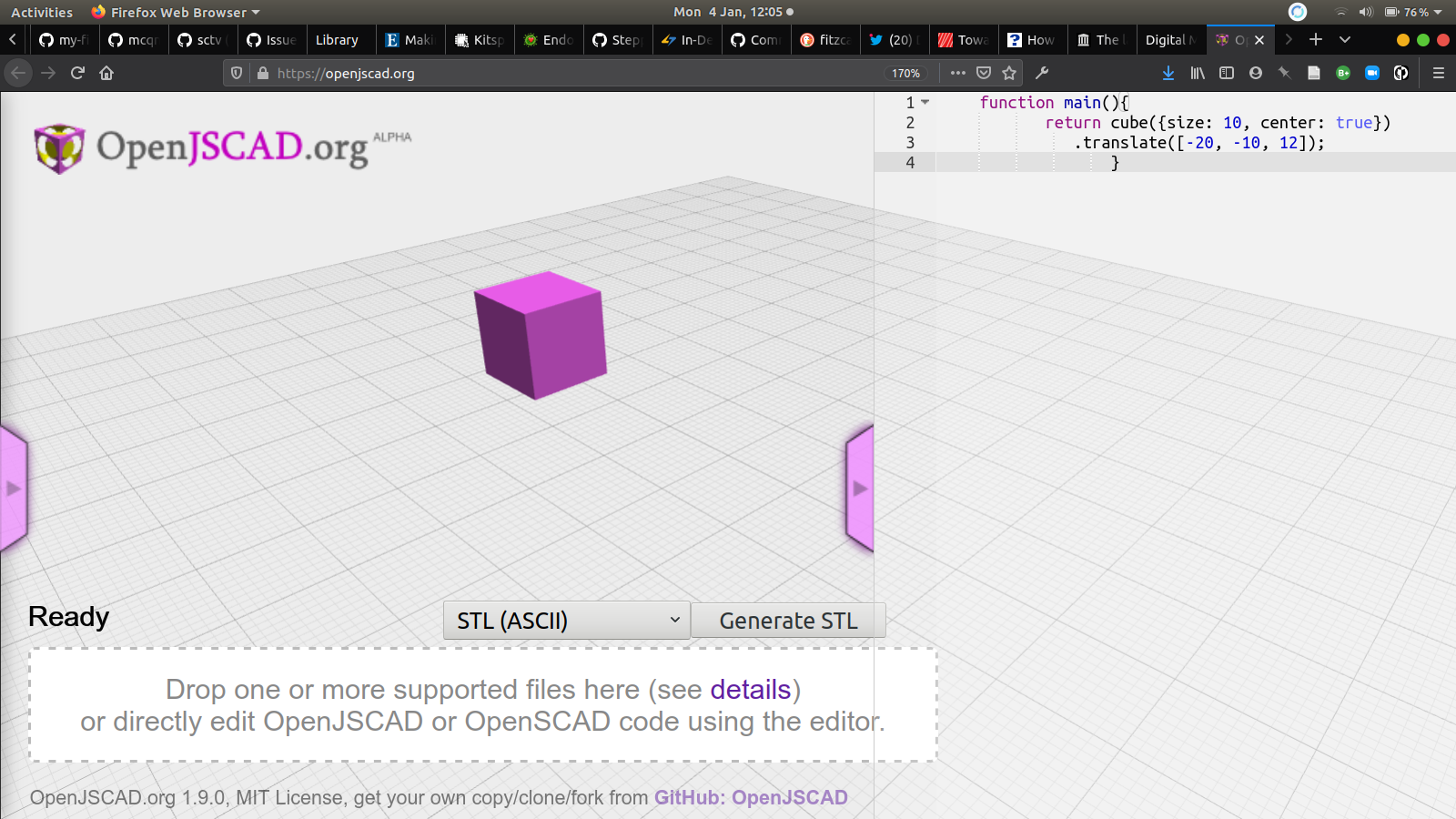 Screengrab of OpenJSCAD when selecting all the default code