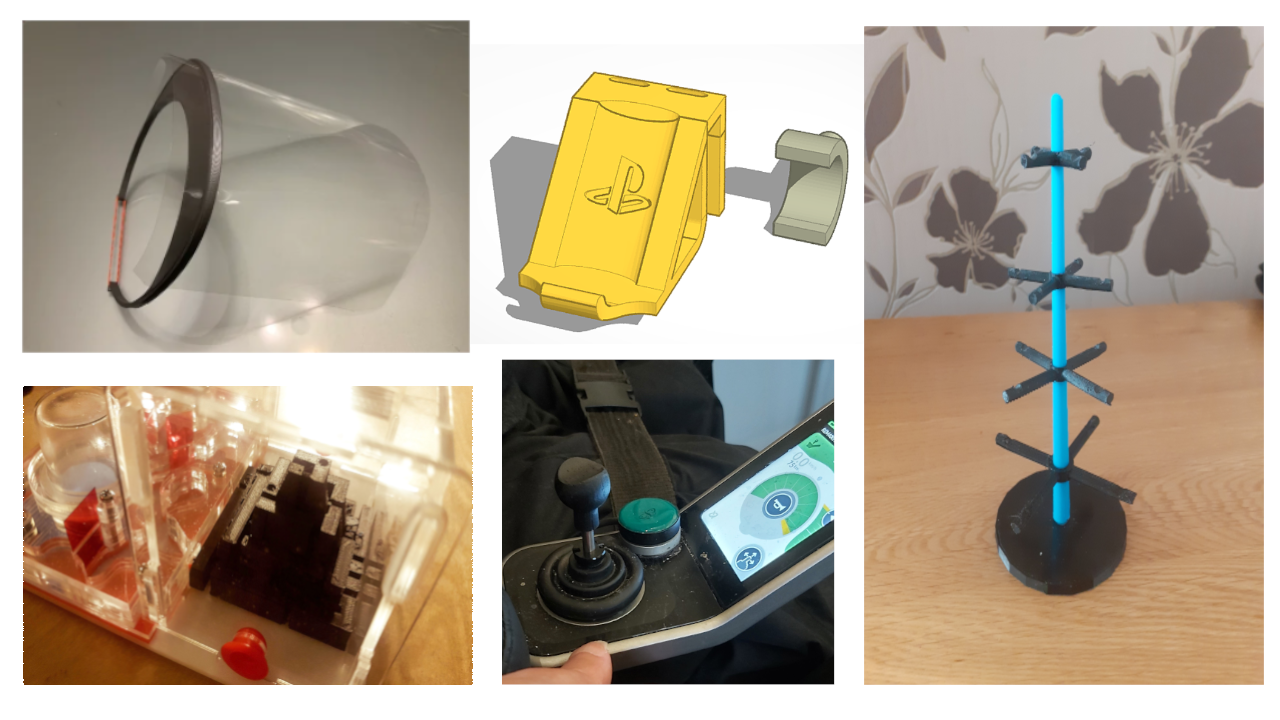Images of Examples of 3D Print Club Models, a 'mood' tree, playstation controller holder, DIY PPE and a maze